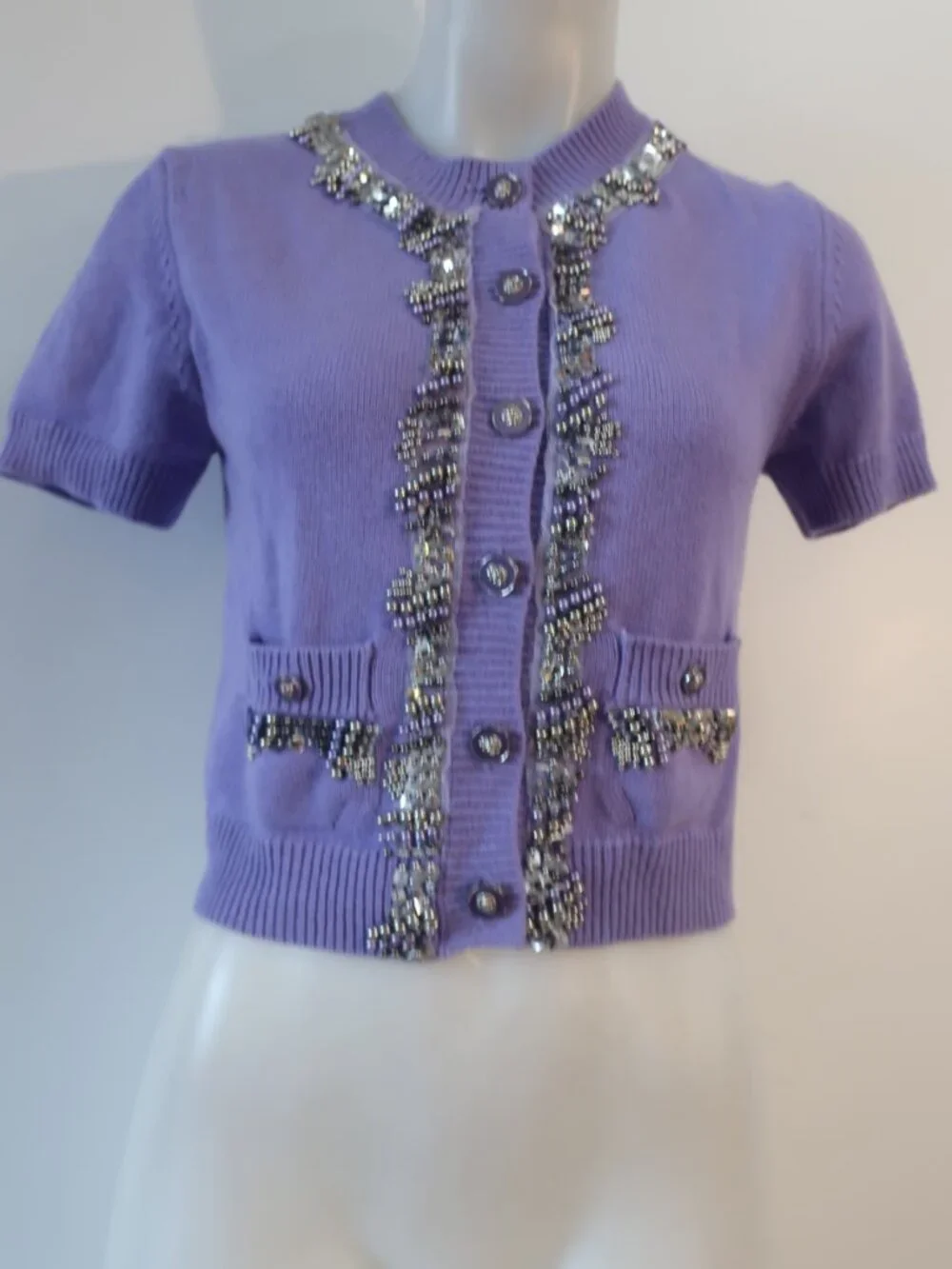 Authentic Chanel Purple Beaded (Item-143) Crop Wool Cardigan Sweater 40 US/6-8